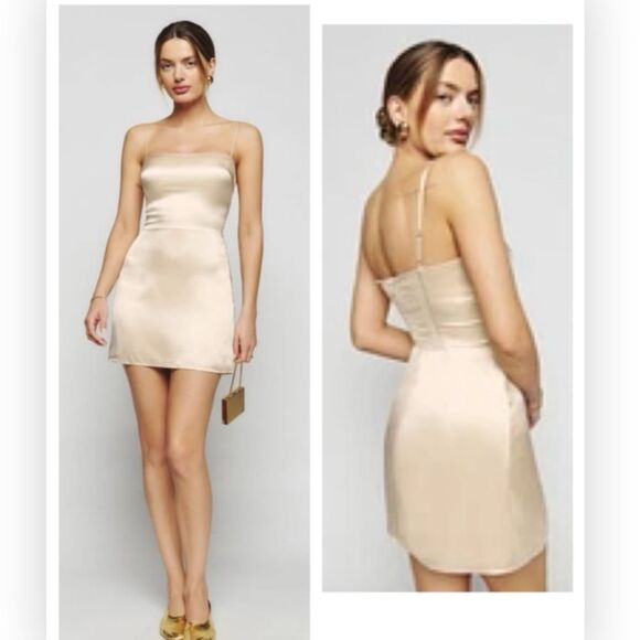 Reformation Kosta Silk Mini Dress Almond Size 12 NWT - Picture 2 of 6